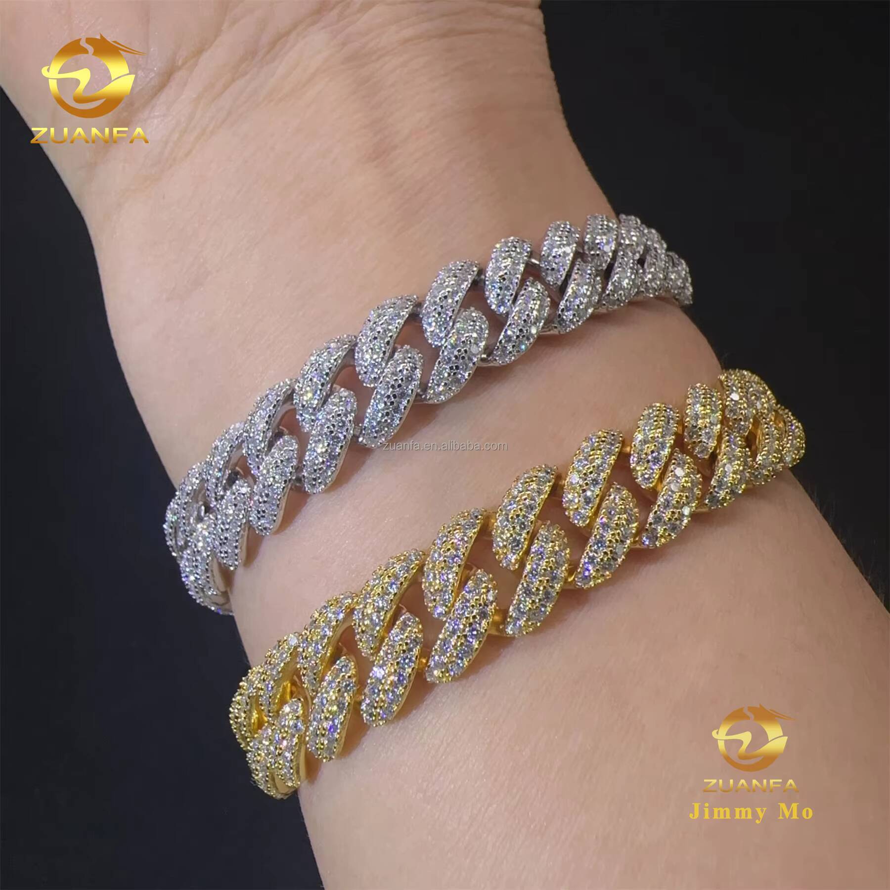 Bulk Stock Pass Diamond Tester 10mm 2Rows Stone 925 Silver Iced Out Hip Hop Jewelry Moissanite Diamond Miami Cuban Bracelet
