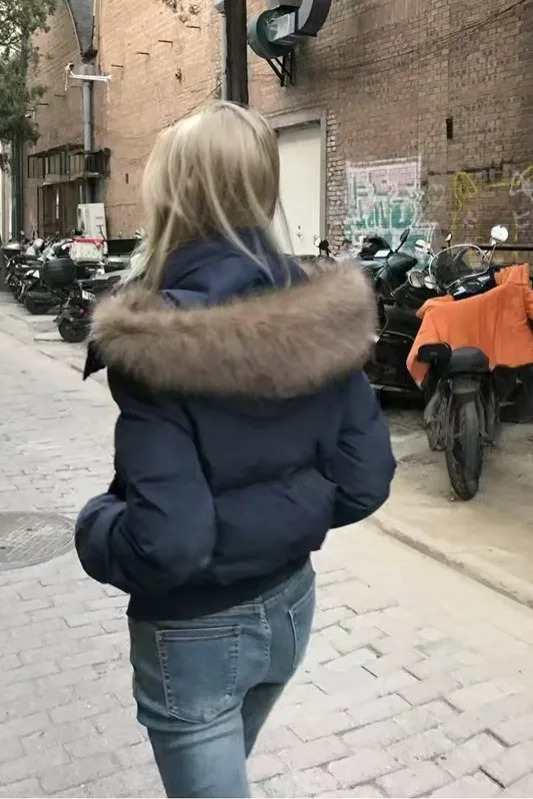 South District Fiona Womens Winter Jacket Navy Blue Cotton Short down Coat with Detachable Hood And Fur Collar 250829