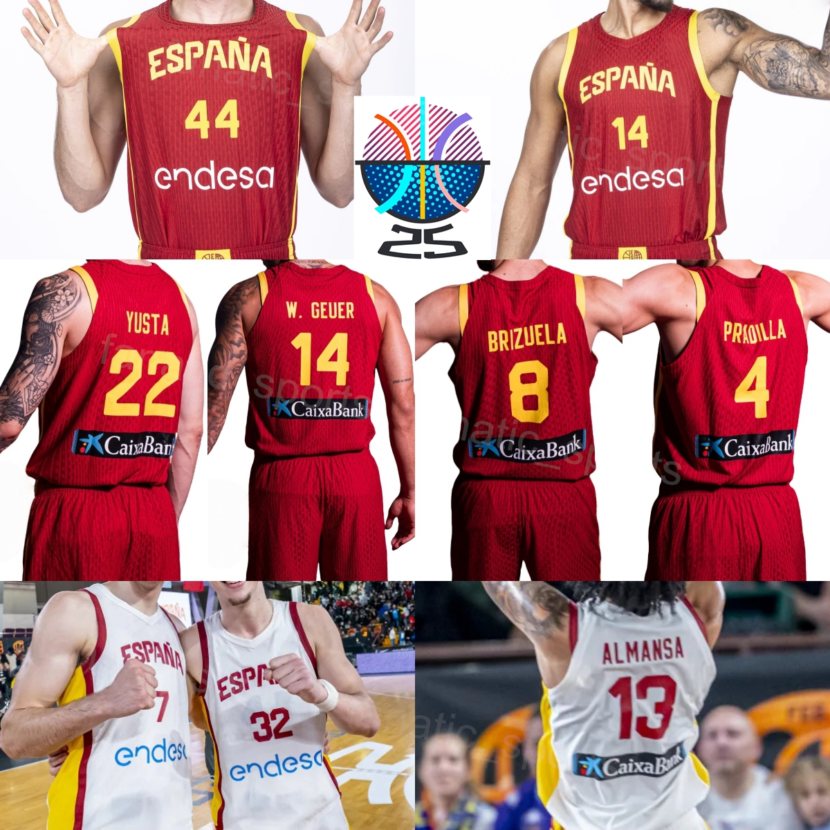 Printed Spain Basketball Espana Jersey 2025 EuroBasket 44 Joel Parra 41 Juancho Hernangomez 14 Willy Hernangomez 3 Sergio de Larrea Yankuba Sima Mario Saint-Supery