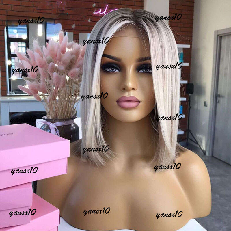 Peruvian Human Hair Ombre Ash Blonde Colored Short Bob 13x4 Lace Front Wig Gluelesse Cut Straight Synthetic Frontal Wigs For Women