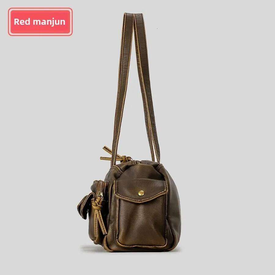 American Vintage Spicy Girl Style Multi-Pocket Underarm Women's Bag Niche Design Single Shoulder Motorcycle Soft Leather Handbag