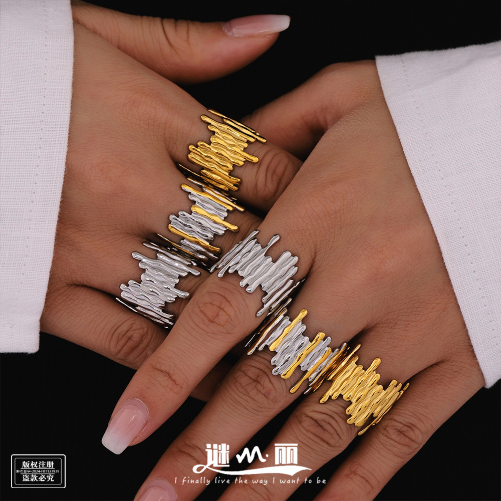 Luxury Brand Designer Jewelry Mystery European And American Minimalist Style Color Block Open Ring Geometric Stainless Steel Irregular Ring Internet C
