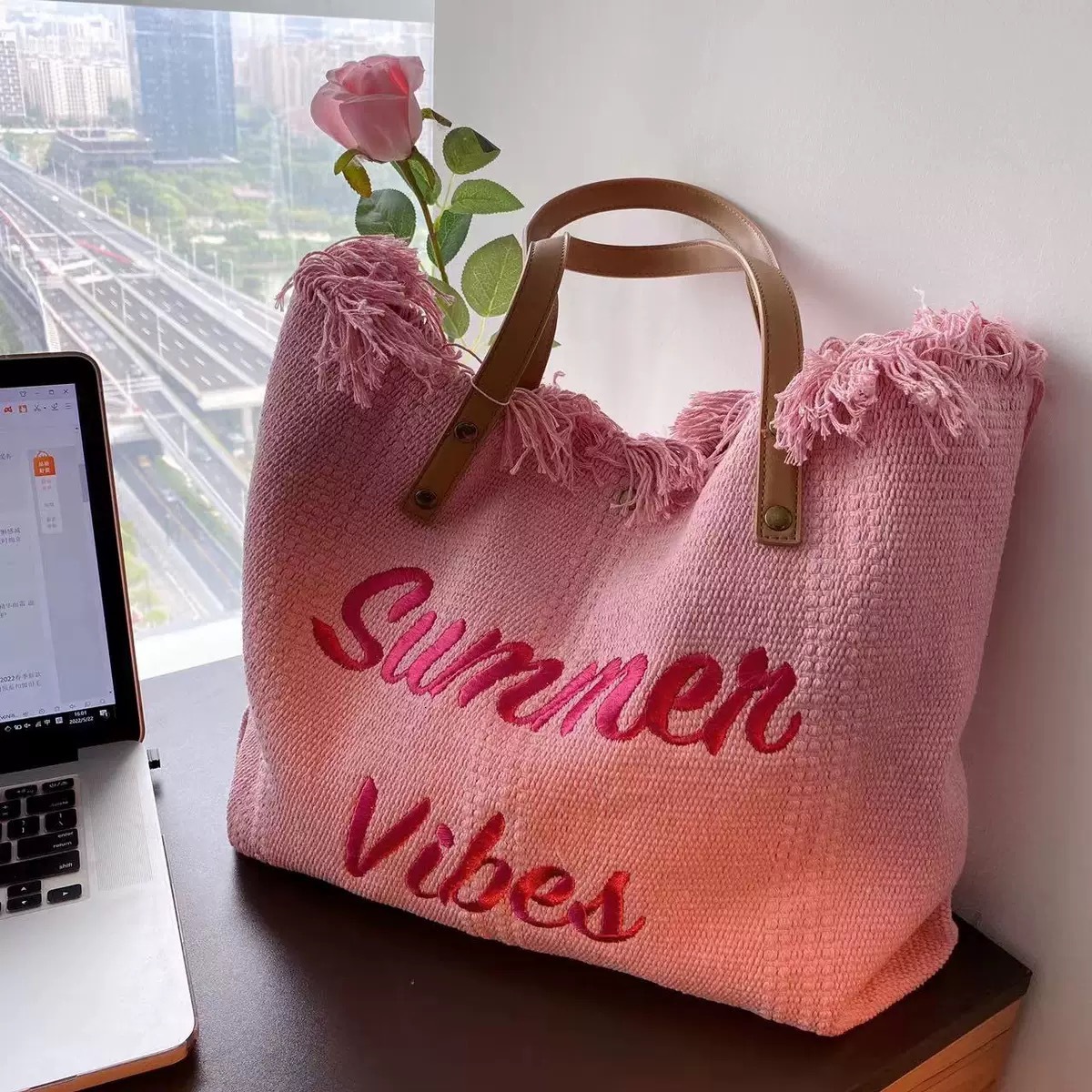 bag 2025 autumn new large capacity simple niche canvas bag embroidered letter tote bag women's woven beach bag designer shoulder bag