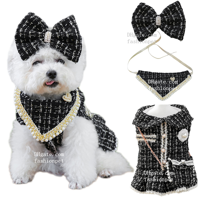 Luxury Dog Dress Big Bow Necklace and Bandanas Tweed Princess Dress with Big Bow Deco Puppy Skirt with Pearls Jewelry Necklace for Small Medium Cats D