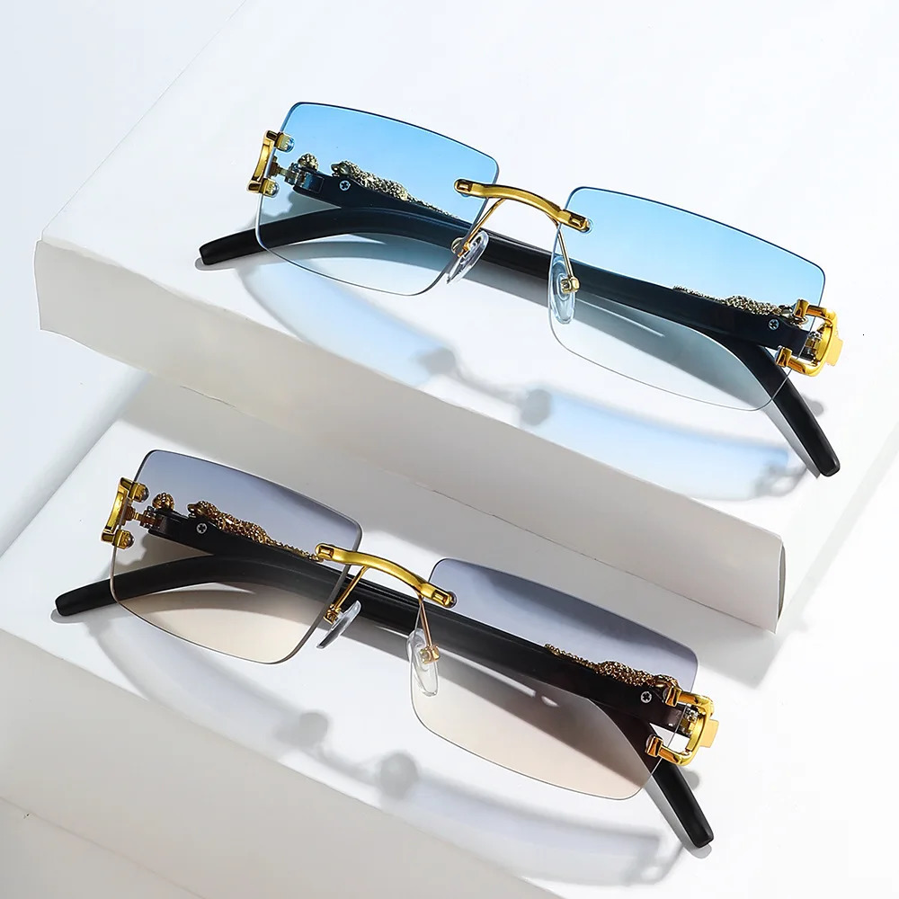 Fashion Rimless Sunglasse Men Cheetah Decoration Rectangular Sun Glasses 250829
