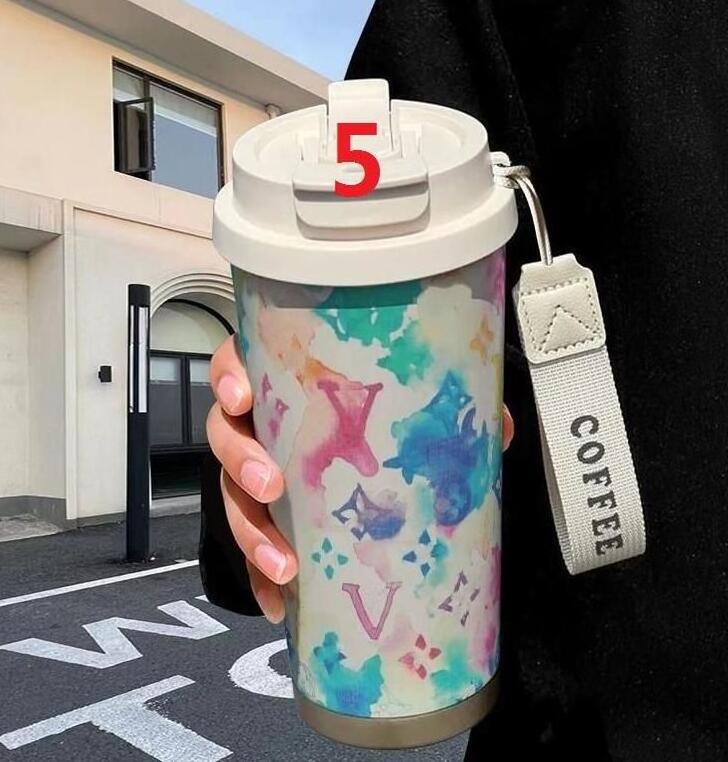 designer Old flower letter logo pattern coffee cup fashion mug stainless steel straw double drinking cup outdoor travel portable mug luxury large capacity Water cup