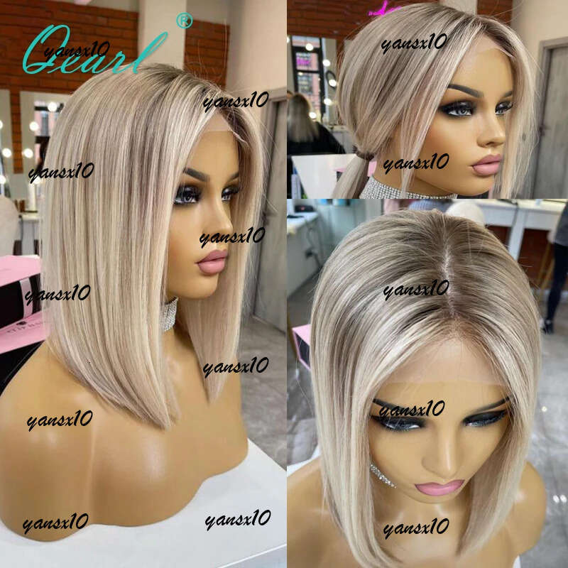 Peruvian Human Hair Ombre Ash Blonde Colored Short Bob 13x4 Lace Front Wig Gluelesse Cut Straight Synthetic Frontal Wigs For Women