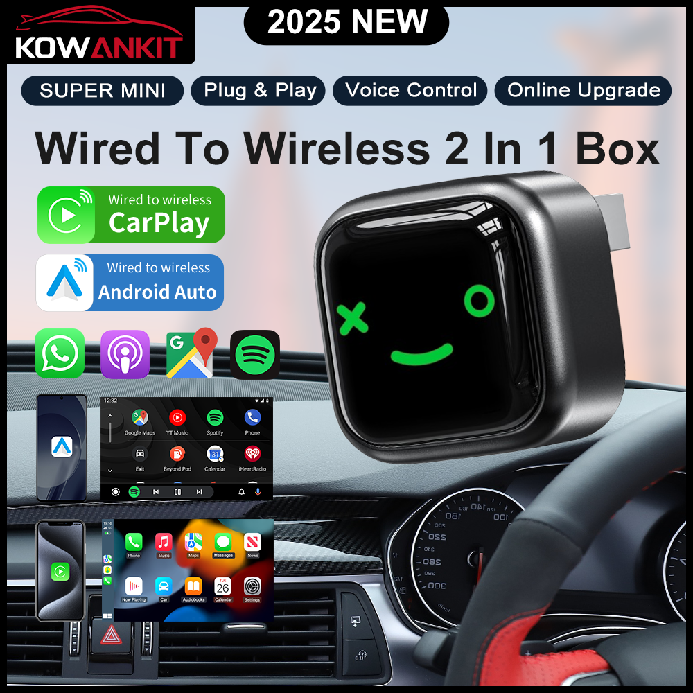 KOWANKIT Wireless CarPlay Android Auto Ai Box, Plug & Play Dongle Converts Wired To Wireless, No Delay, 2in1 Car Accessories, KM12
