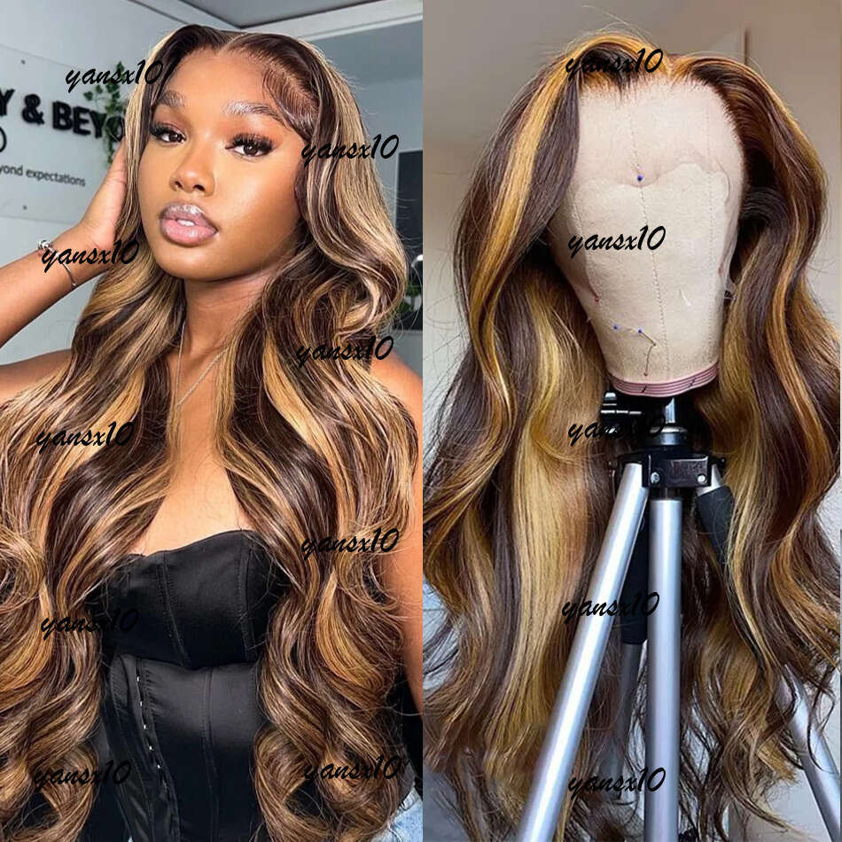 HD Body Wave Highlight Front Human Hair For Women Lace Frontal Wig Pre Plucked Honey Blonde Colored Synthetic Wigs
