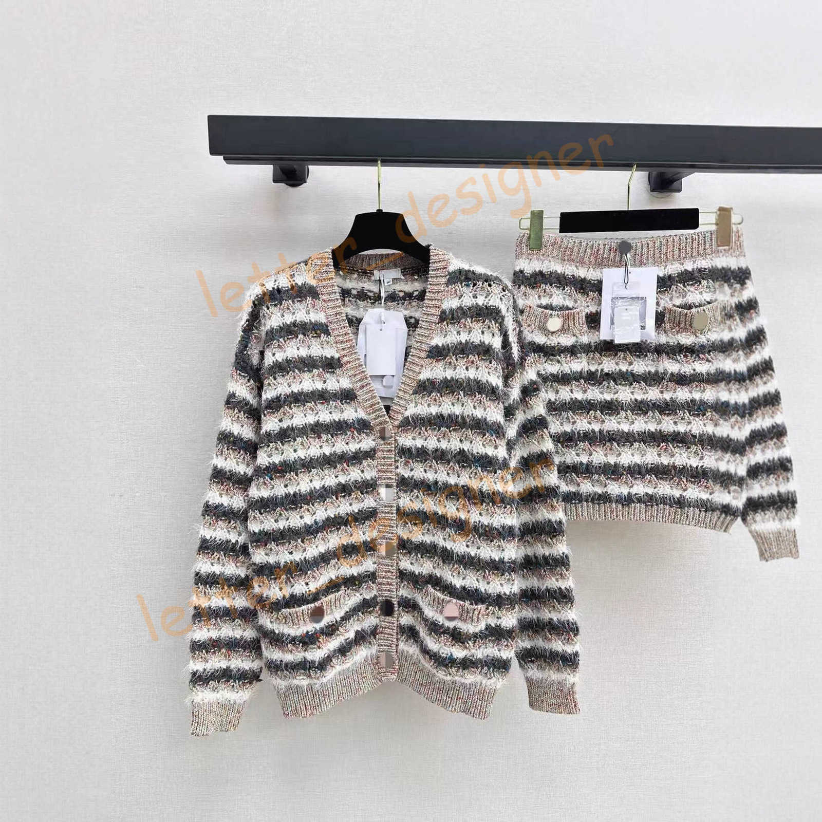 Designer Two Piece Dress for women 25 Autumn Winter Color-Block Wave Striped V-Neck Loose Knitted Cardigan and Skirt Set sweater set for women