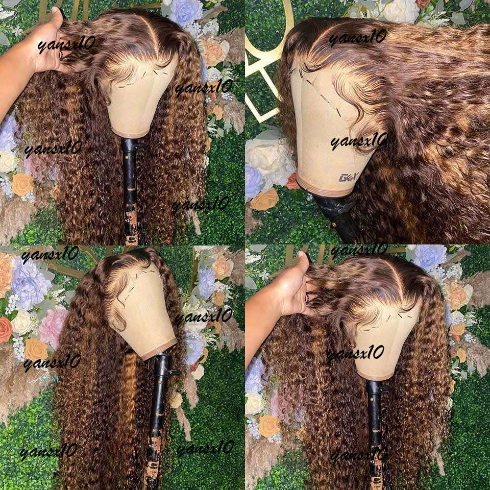 Long Brazilian Highlight Human Hair Ombre Colored Curly Front Wig Honey Blonde Hd Deep Wave Lace Frontal WigsSyynthetic