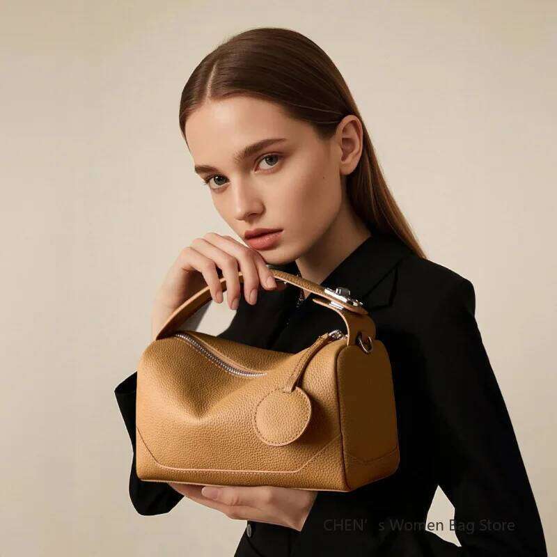 2025 New Genuine Leather Crossbody Boston Bag,Vegetable Tanned Cowhide Women Shoulder Bag,Elegant Buckle Handbag,Black/Brown