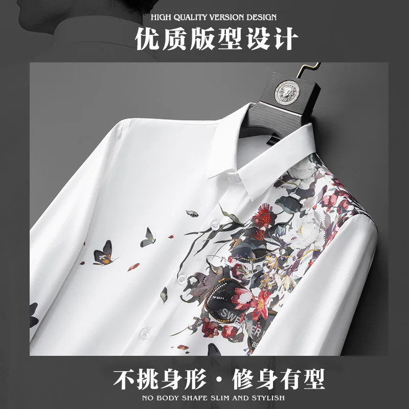 Spring Flower Rhinestone Shirts Men Slim Fit Casual Shirts Long Sleeve Business Dress Shirts Streetwear Social Party Tuxedo 250829