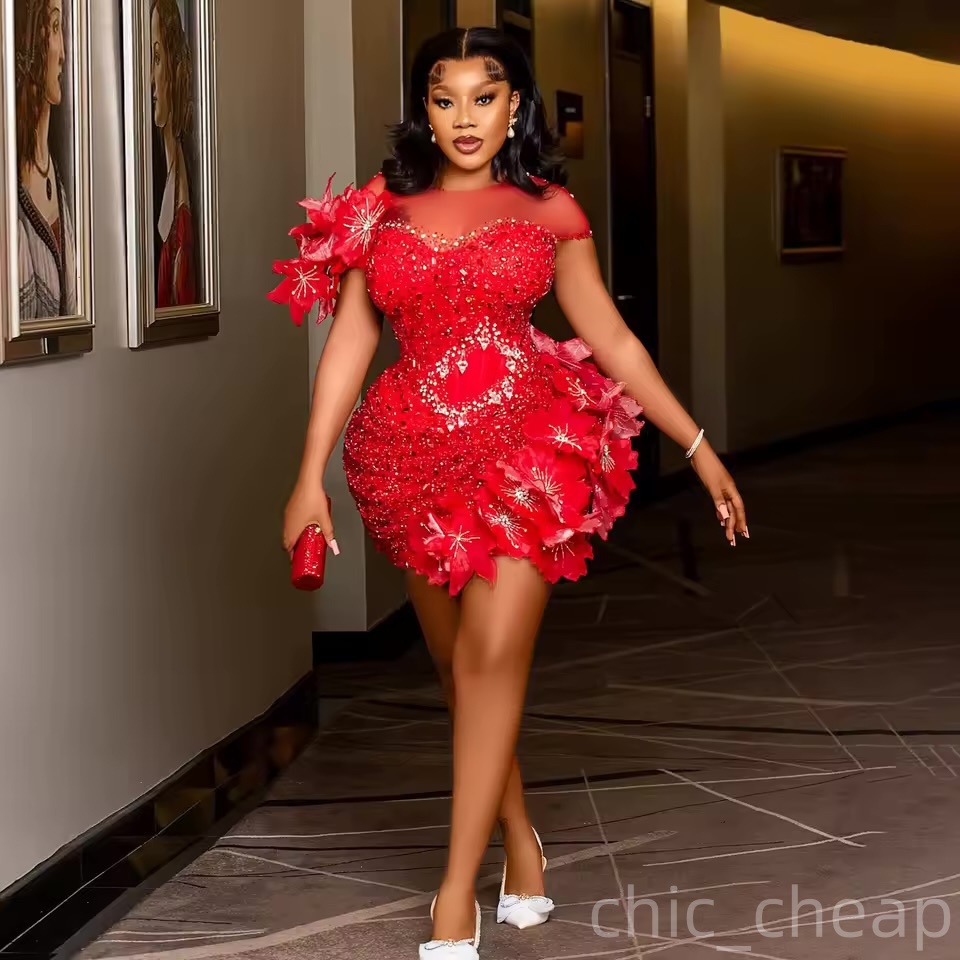 Chic Red Sheath Cocktail Dress Flowers Crystals Sequined Sheer Neck Short Mini Graduation Homecoming Dresses For Special Occasions Sweetheart Gowns