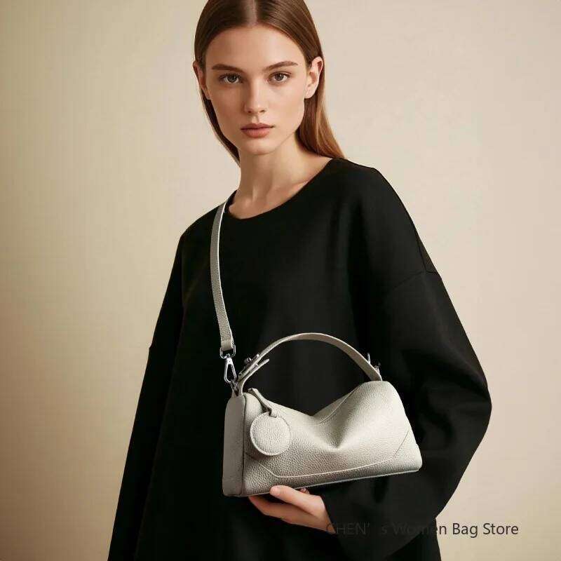 2025 New Genuine Leather Crossbody Boston Bag,Vegetable Tanned Cowhide Women Shoulder Bag,Elegant Buckle Handbag,Black/Brown