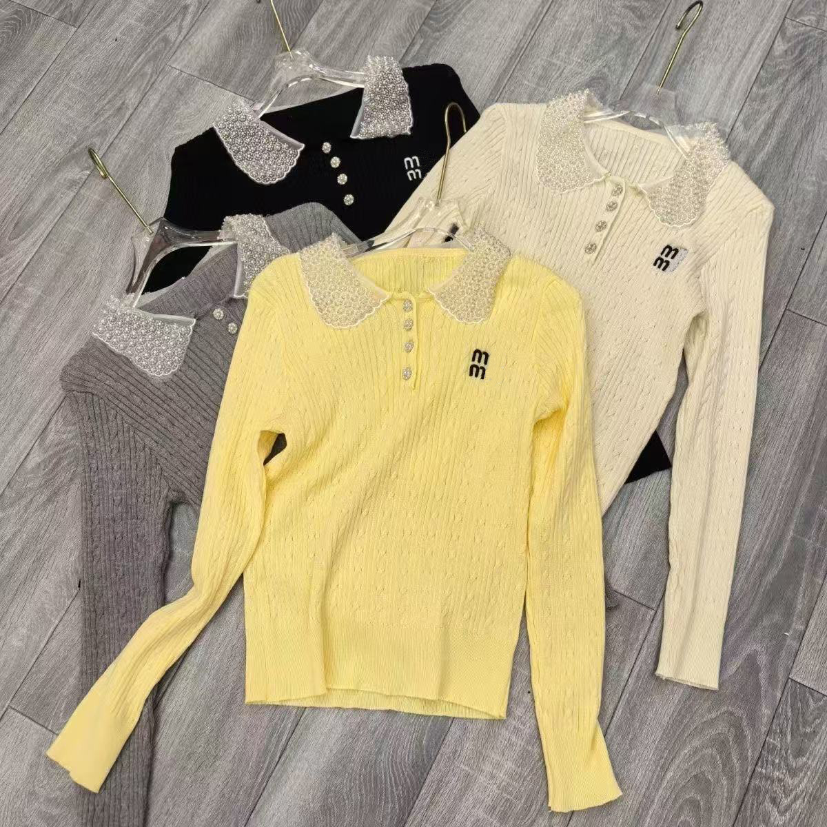 European-style light luxury autumn heavy industry doll collar nail bead knitted long-sleeved top new letter embroidery women's wear