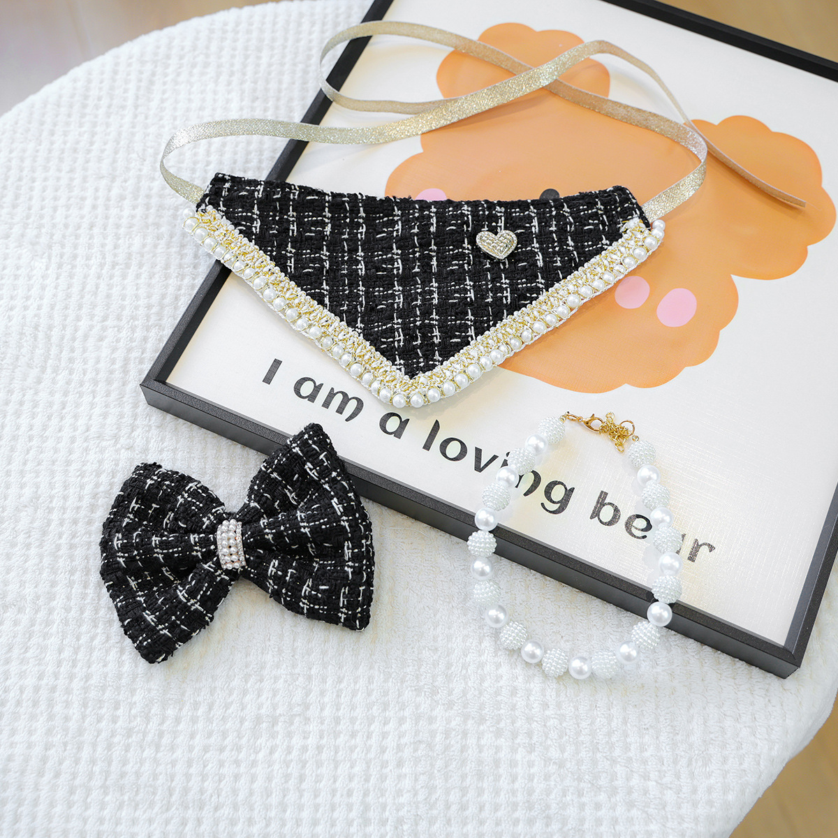 Luxury Dog Dress Big Bow Necklace and Bandanas Tweed Princess Dress with Big Bow Deco Puppy Skirt with Pearls Jewelry Necklace for Small Medium Cats D