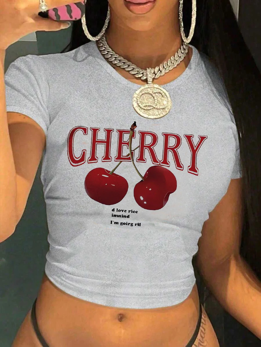 Fashion Cherry Print Crew Neck Tshirt Y2K Short Sleeve Tight Fit Crop Top Spring Summer Womens Clothing 250829