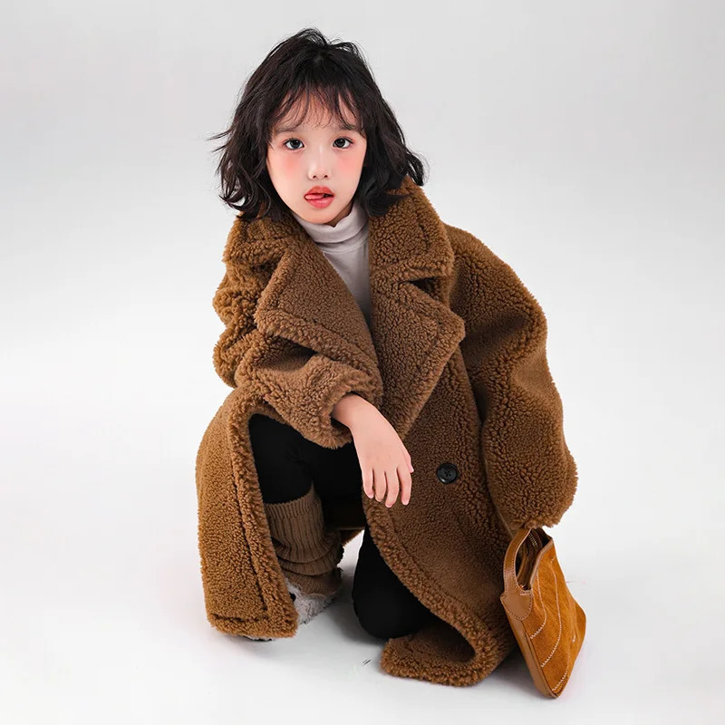 Winter Children Girls Trench Coat Fleece Warm Thicken Junior Girl Faux Fur Over Coat Turn Down Collar Integrated Midlength Coat 250829
