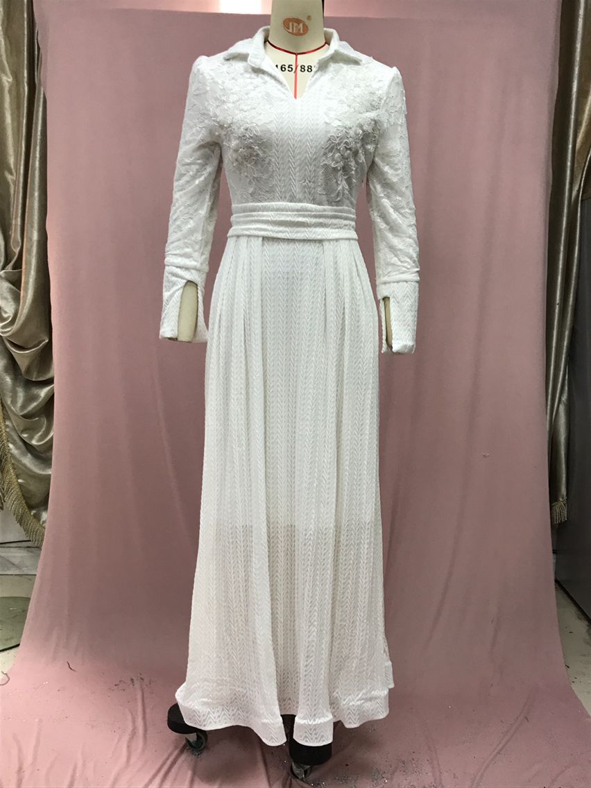 (453) New white chest beaded lace gauze French long sleeve fashion slim dress