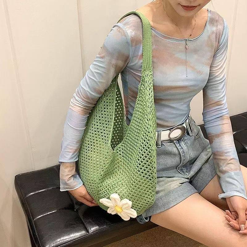 2025 Autumn New Women's Knitted Woven Bag Korean style Simple, Small and Popular bag Lazy Knitted Hollow Flower Beach Bag Designer Shoulder Bag