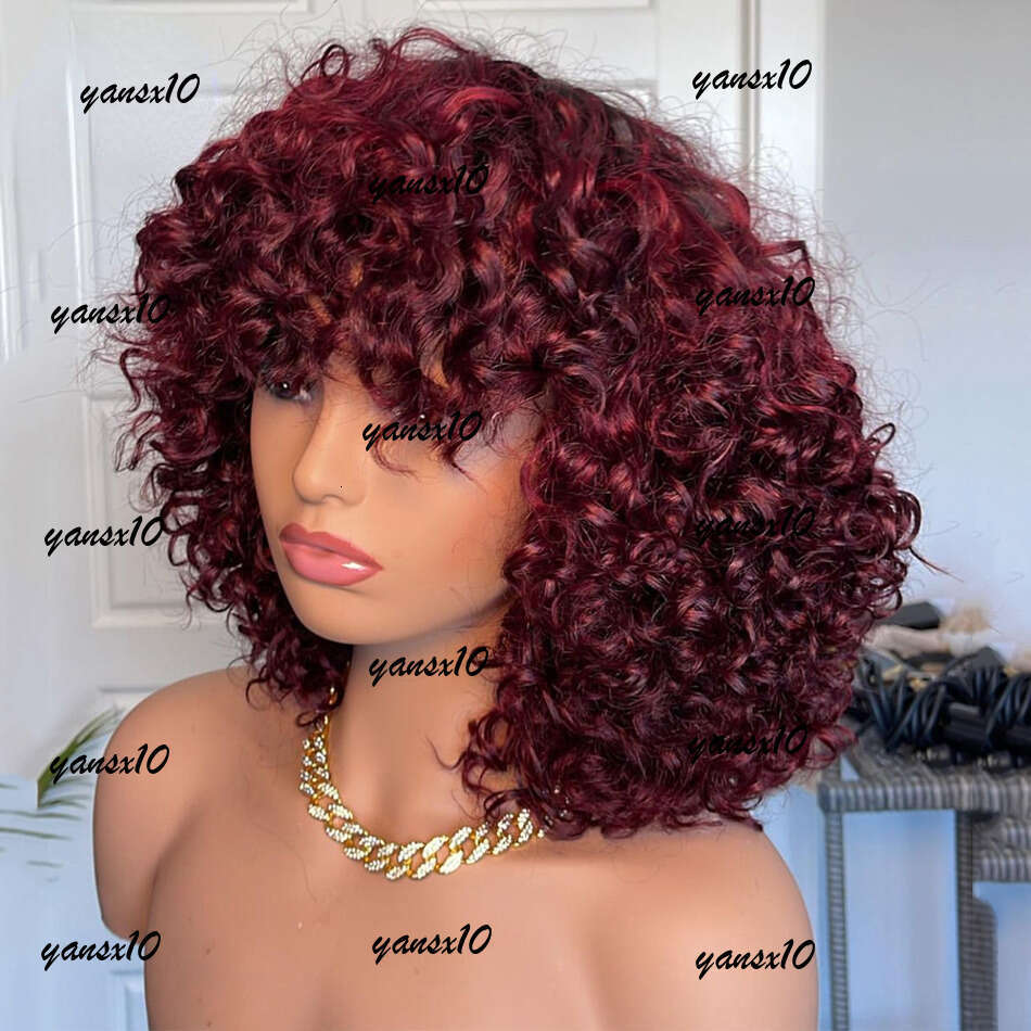 Jerry Curly Human Hair with Bangs None Full Lace Frontal Bury Red /Black /blonde Colored Wigs for Women Short Bob Wig