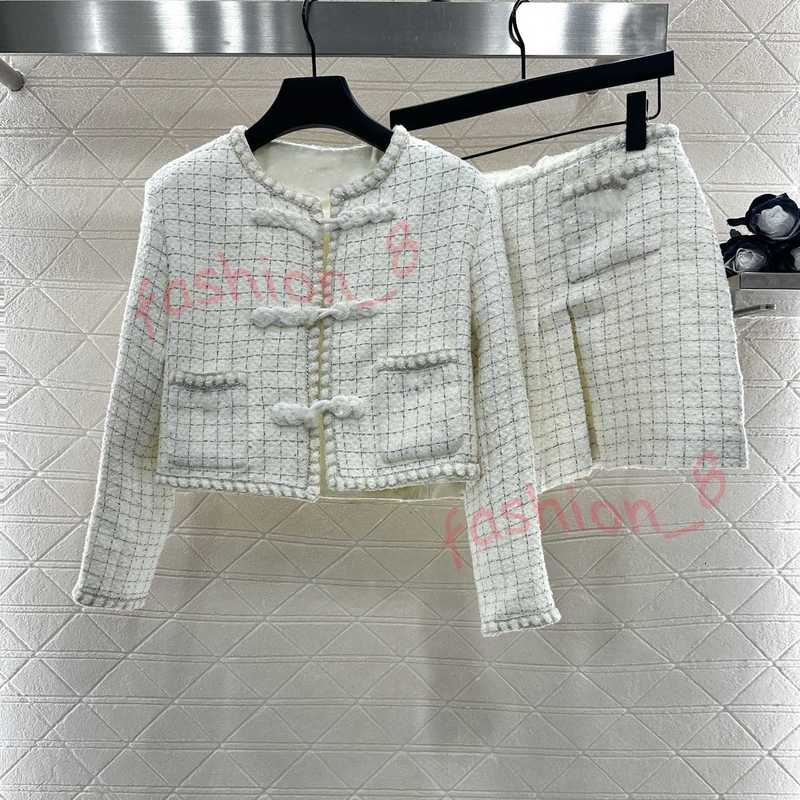 Designer Two Piece Dress for women Round Neck Chinese Knot Button Jacket 2025 Autumn New High Waist Skirt set for women