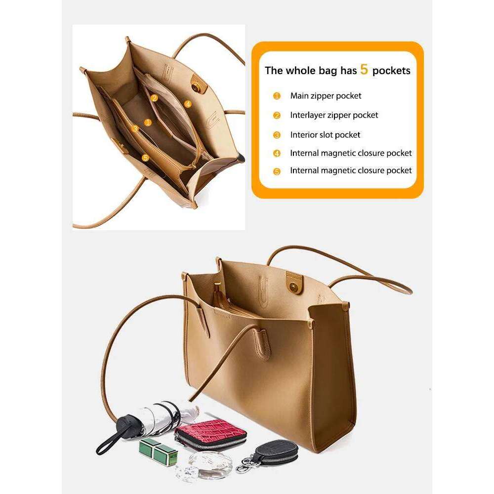 Light Brown 2025 Women OL Handbag Genuine Leather Ladies Shoulder Purse Big Tote Bag Large Capacity Shopper Bags Pocketbooks