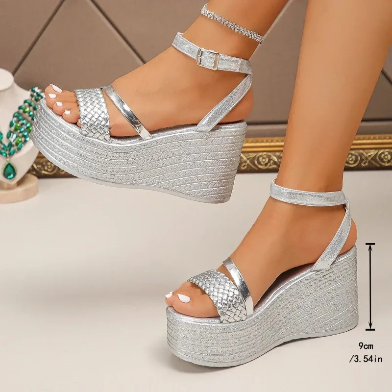 Womens Outdoor Wedges Platform Sandals 2025 Summer Round Toe High Heel Shoes for Women Open Buckle Strap Dress 250820