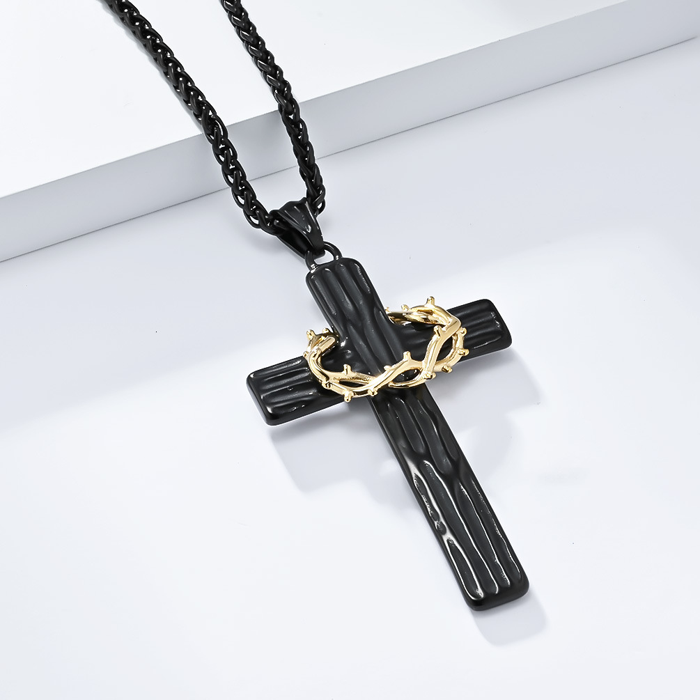 Luxury Brand Designer Jewelry Vintage Titanium Steel Flower Ring Cross Necklace Two-tone Wood Grain Stainless Steel Prayer Pendant Artistic Minimalist