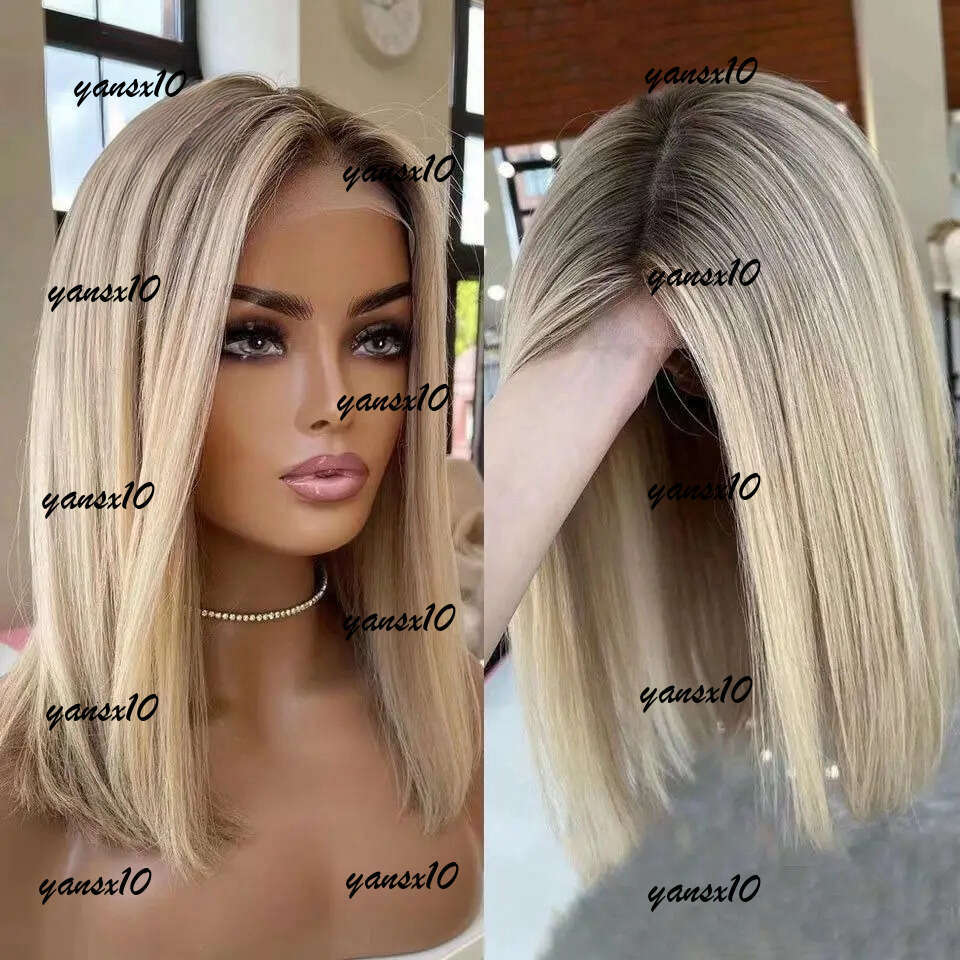 Brazilian Short Ash Blonde 360 Frontal Brown Highlight 13x4 Straight Bob Wig Lace Front Simulation Human Hair Wigs for Women 5e