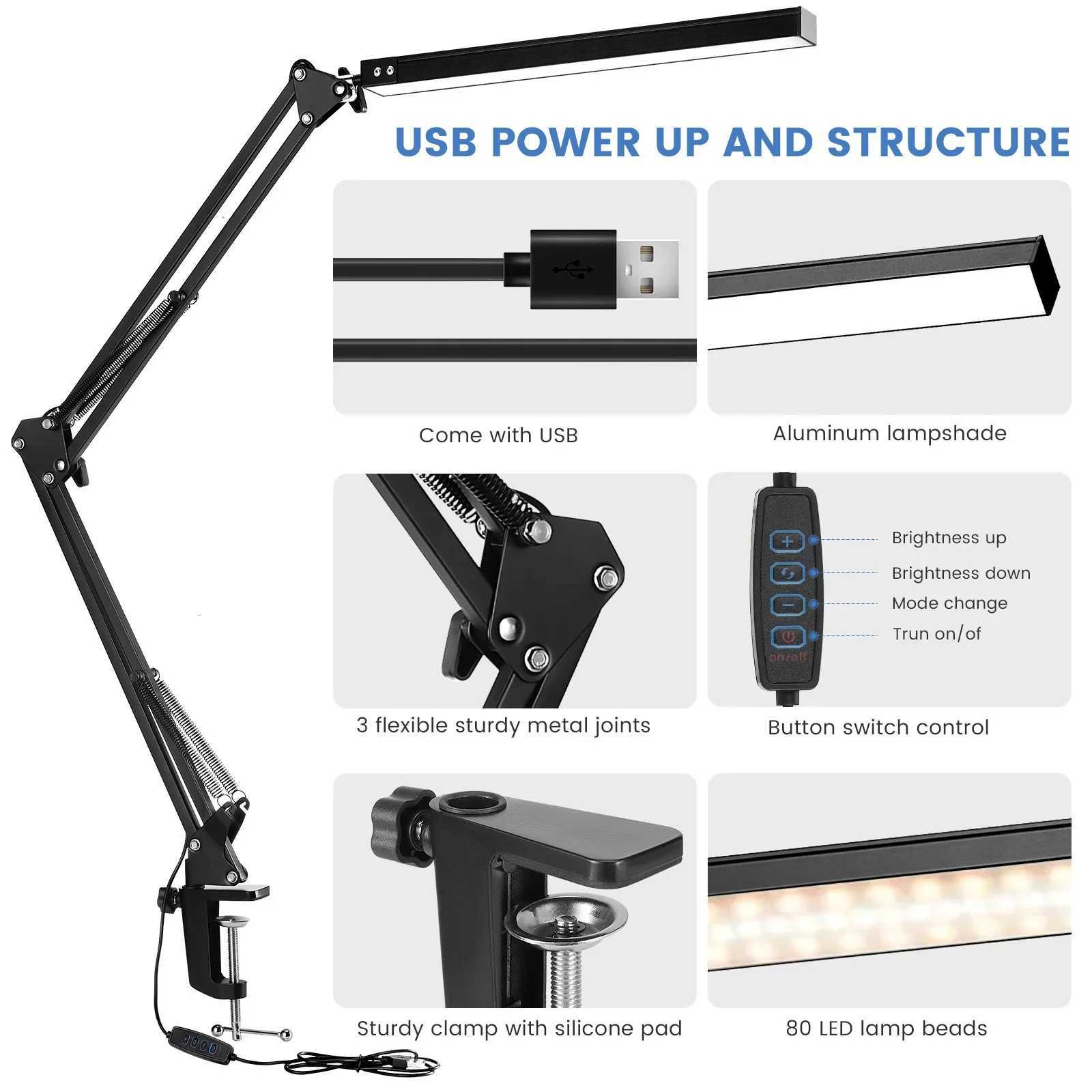 LED Folding Table Lamp Metal Clip Type Long Arm Dimmable Desk Lamp USB Plug For Living Room Study Office Computers Desk Reading H250829