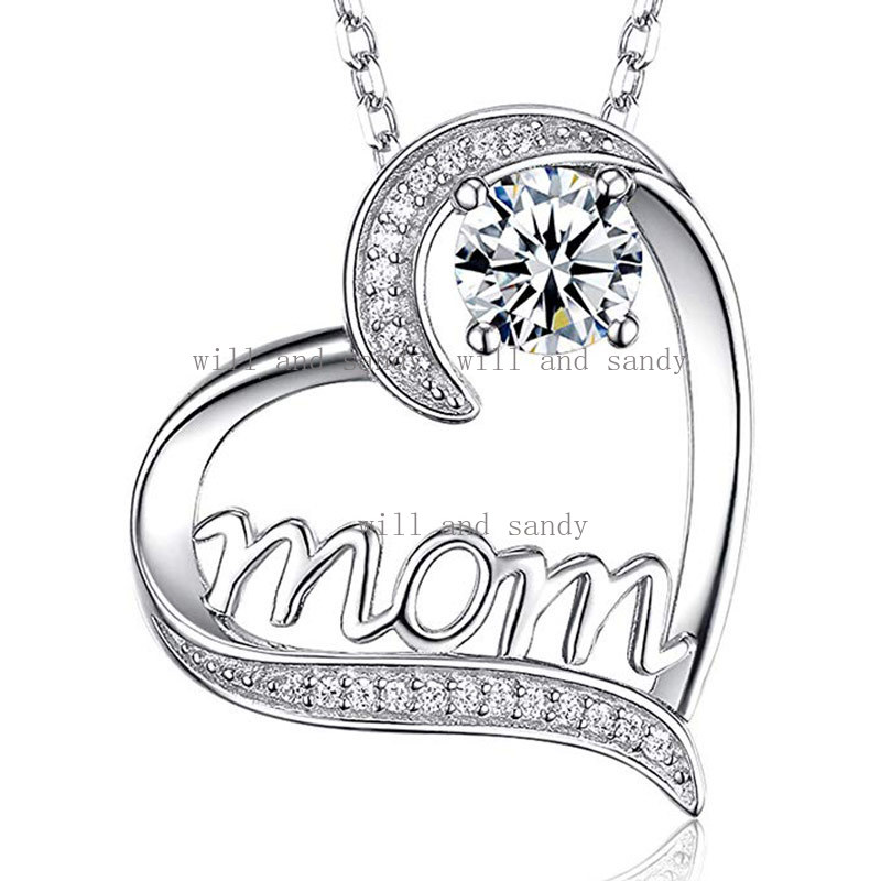 Birthday Gifts for Women Sterling Silver Mom Necklace for Mom Wife Sapphire Cubic Zirconia Gemstone Heart Pendant Necklaces Crystal Wedding Mother Bir