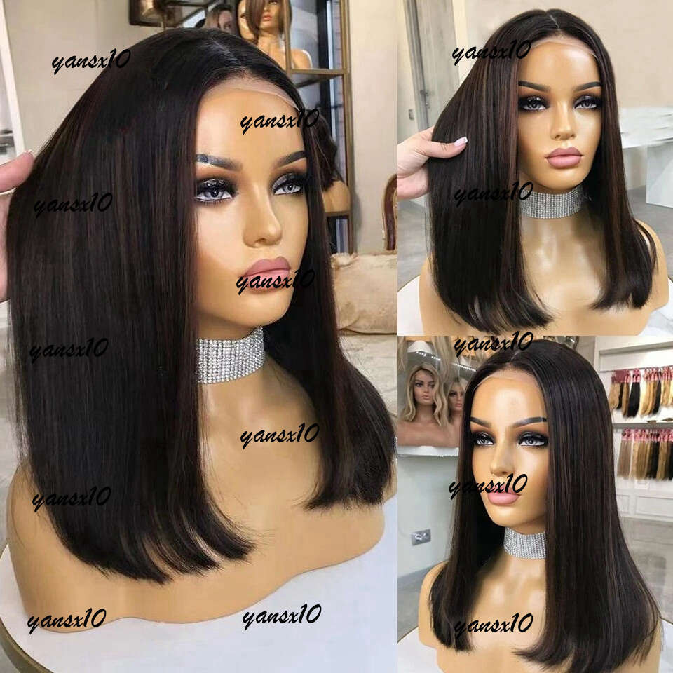 Brazilian Short Ash Blonde 360 Frontal Brown Highlight 13x4 Straight Bob Wig Lace Front Simulation Human Hair Wigs for Women 5e