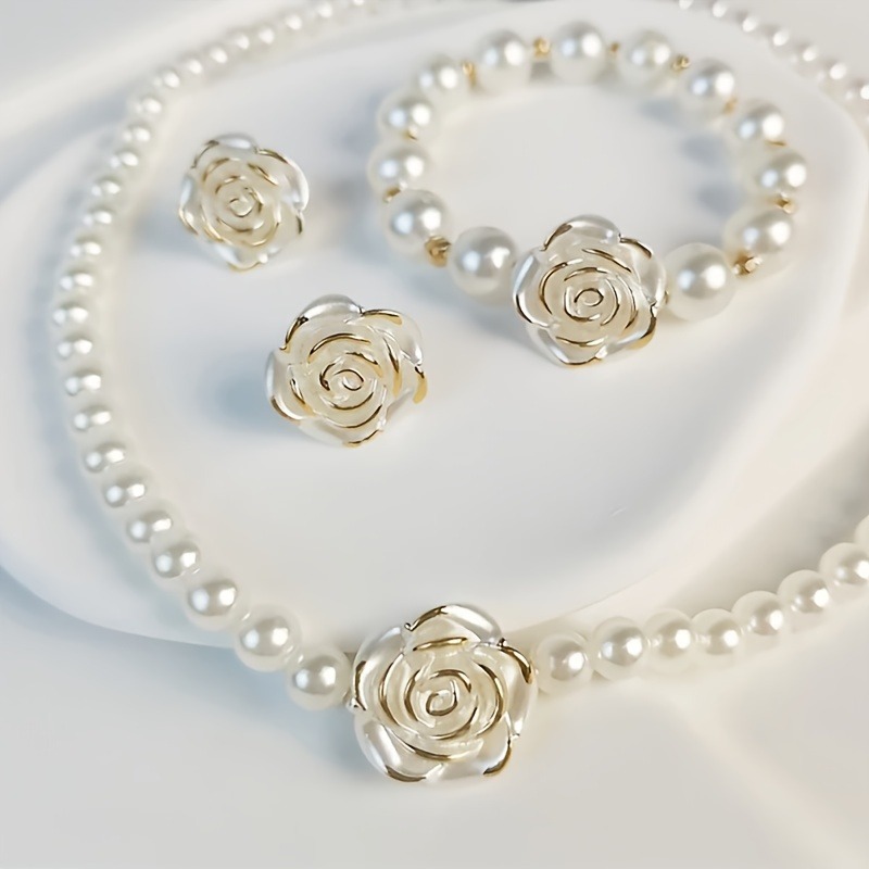 2 stud earrings + 1 necklace + 1 bracelet, fashionable and personalized style, imitation pearl camellia style, women's jewelry set, suitable for 