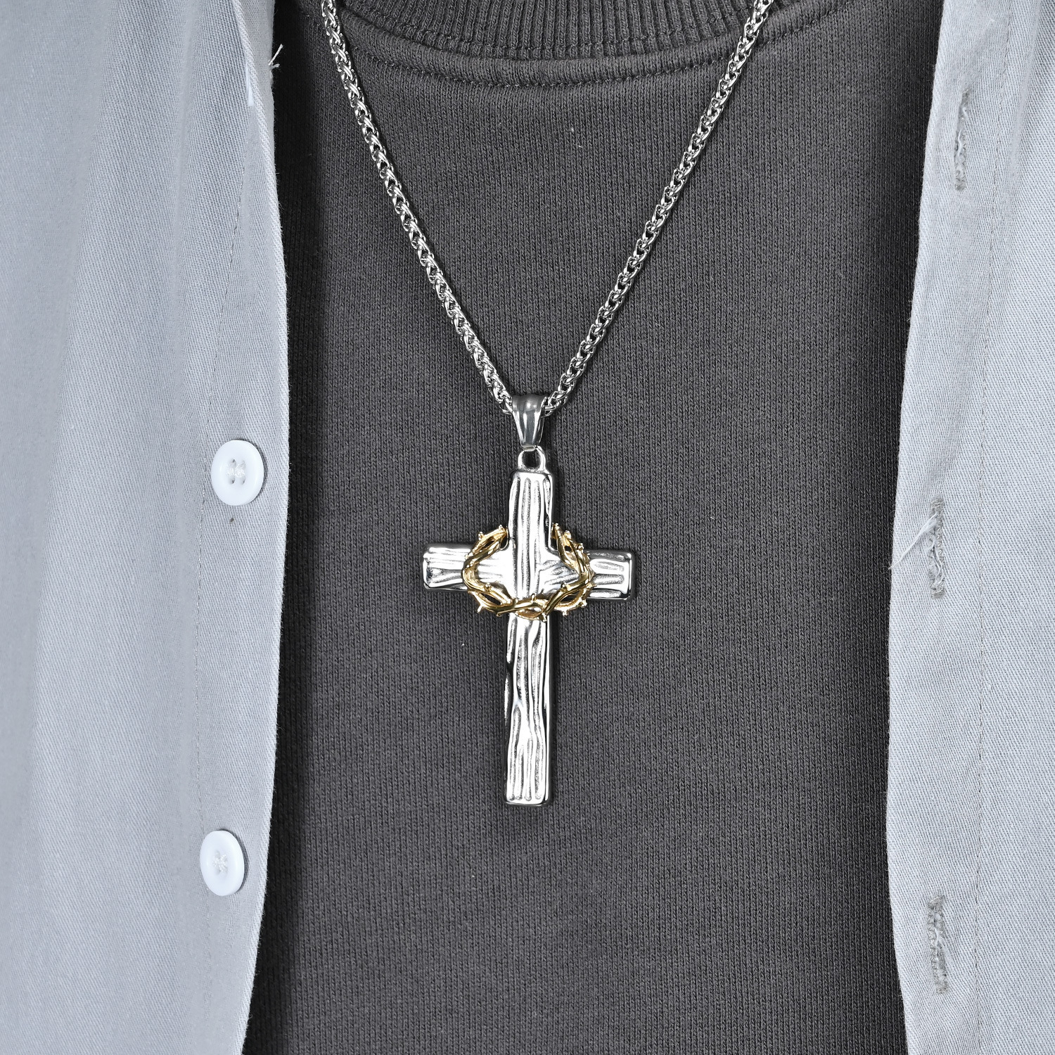 Luxury Brand Designer Jewelry Vintage Titanium Steel Flower Ring Cross Necklace Two-tone Wood Grain Stainless Steel Prayer Pendant Artistic Minimalist
