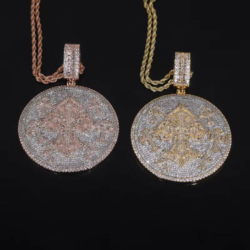 Large Hip Hop Jewelry Geometric Round Diamond Cross Carved Men's Pendant Necklace