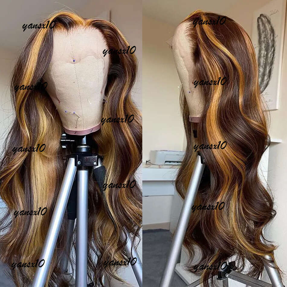 HD Body Wave Highlight Front Human Hair For Women Lace Frontal Wig Pre Plucked Honey Blonde Colored Synthetic Wigs