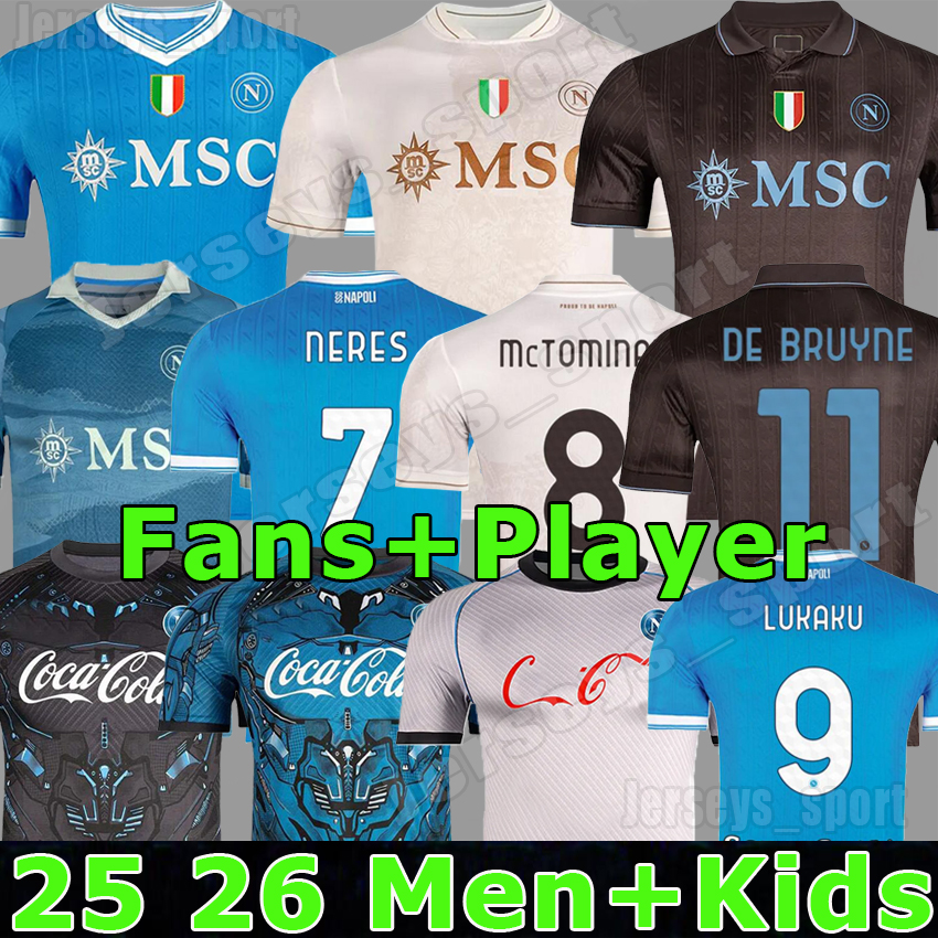 XXXL 4XL 25 26 LUKAKU NaPoLi Soccer Jerseys DE BRUYNE NERES RASPADORI McTOMINAY POLITANO SIMEONE 2025 2026 SSC Naples Player Version LOBOTKA Football shirts Kids Kit