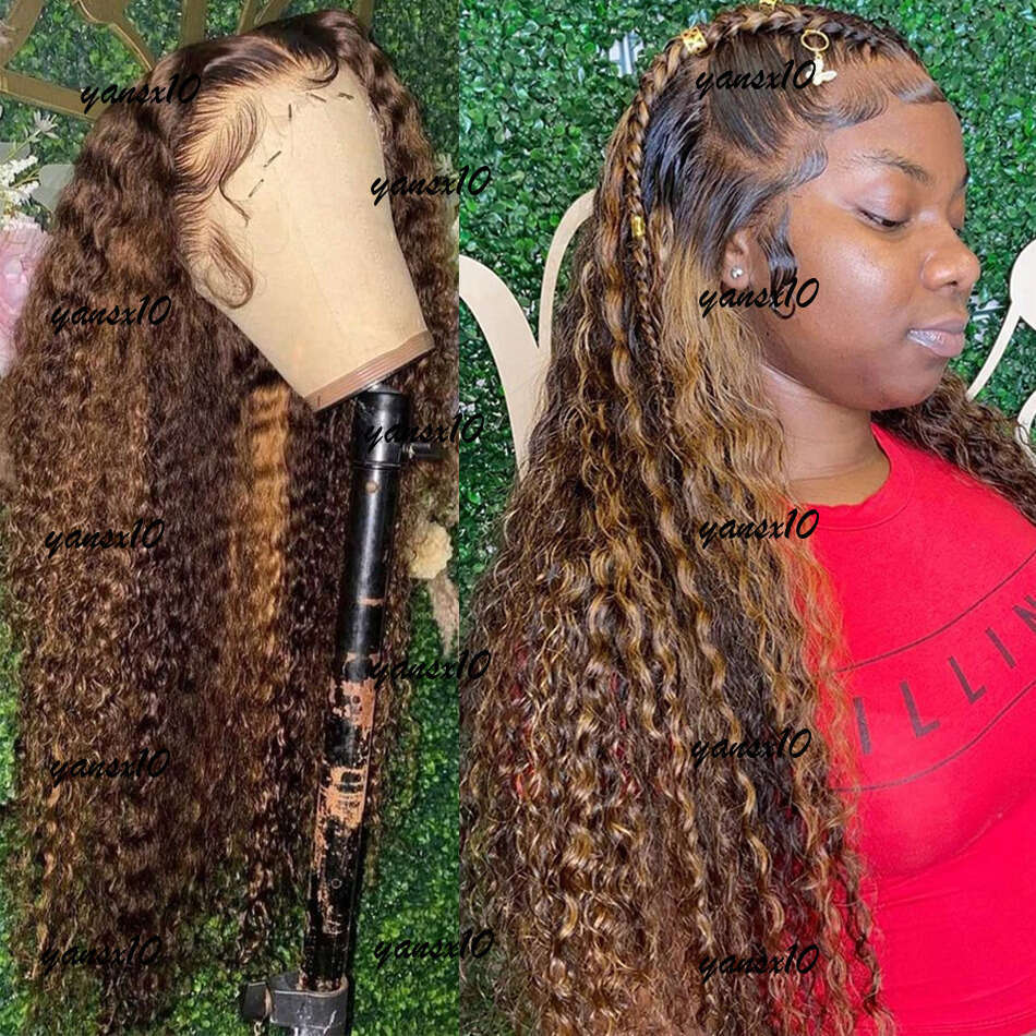 Long Brazilian Highlight Human Hair Ombre Colored Curly Front Wig Honey Blonde Hd Deep Wave Lace Frontal WigsSyynthetic
