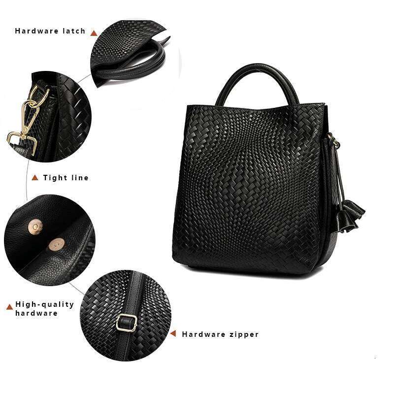Fashionable And Luxurious Casual Versatile Black Woven Pattern Daily Commuting Cowhide Women's Handbag