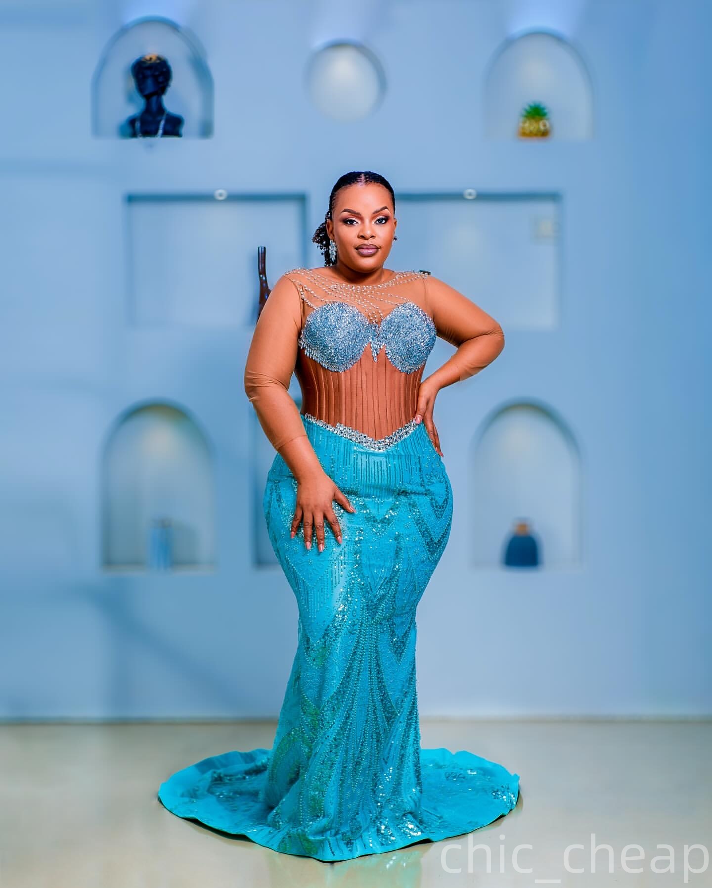 Aso Ebi Cerulean Blue Mermaid Prom Dress 2025 Beaded Crystals Sheer neck Evening Formal Party Birthday Dresses Robe De Sorrie Reception Gowns For Spec