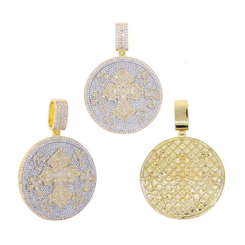 Large Hip Hop Jewelry Geometric Round Diamond Cross Carved Men's Pendant Necklace