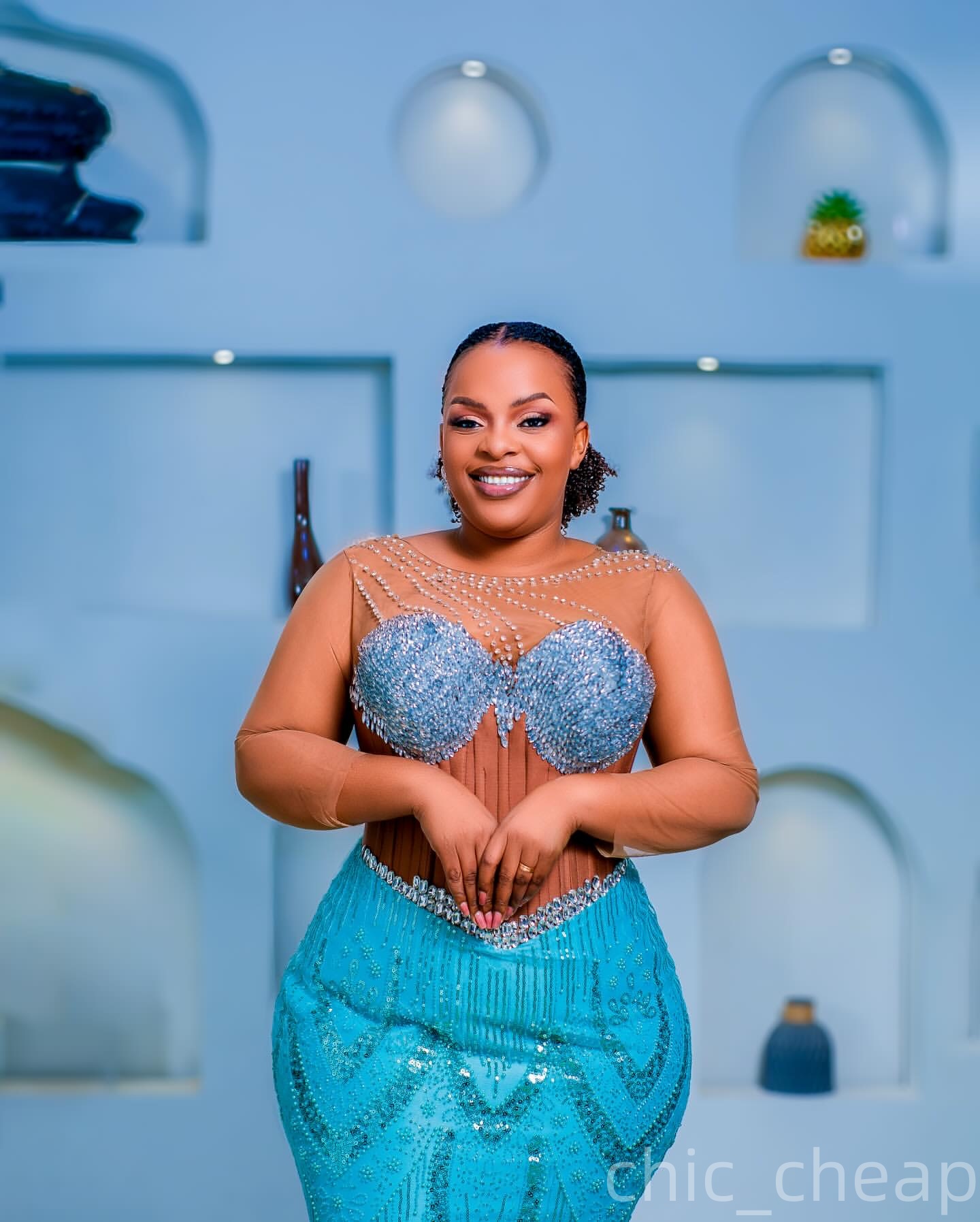 Aso Ebi Cerulean Blue Mermaid Prom Dress 2025 Beaded Crystals Sheer neck Evening Formal Party Birthday Dresses Robe De Sorrie Reception Gowns For Spec