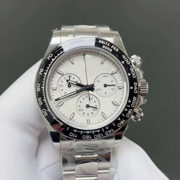 Designer Style Three-eye Chronograph Sports with Black White Stainless Steel Bezel and Waterproof Mechanical Watch