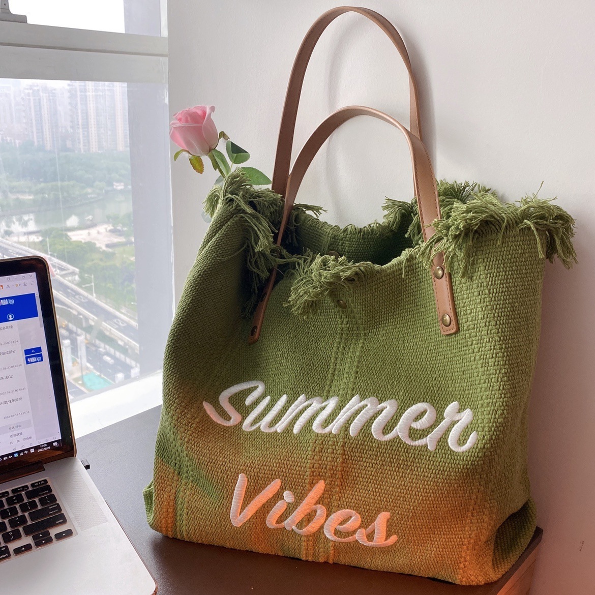 bag 2025 autumn new large capacity simple niche canvas bag embroidered letter tote bag women's woven beach bag designer shoulder bag