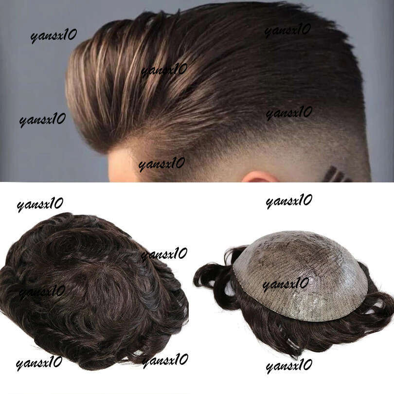 Durable Thin Skin Toupee Full Pu Men's Human Wigs Male Unit Capillary Prosthesis #1B Black Hair Pieces Replacement System