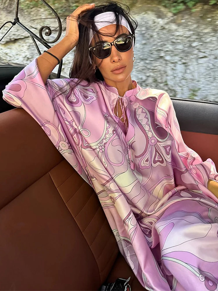 Geometric Print Satin Caftan Dress Wome Stand Collar Loose Hollow 2025 Fashion Elegant Vestido Holiday Party Vintage Robe 250829