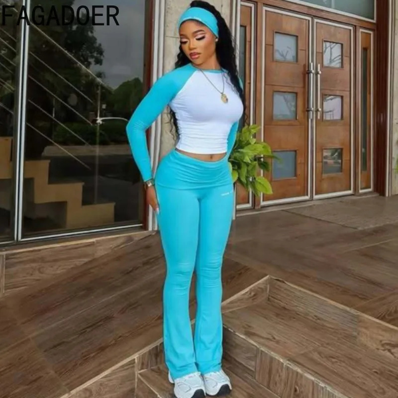 FAGADOER Casual 2 Pieces Set for Woman Long Sleeve Round Neck TShirt and High Waist Pants Matching Tracksuits Female Sportswear 250829