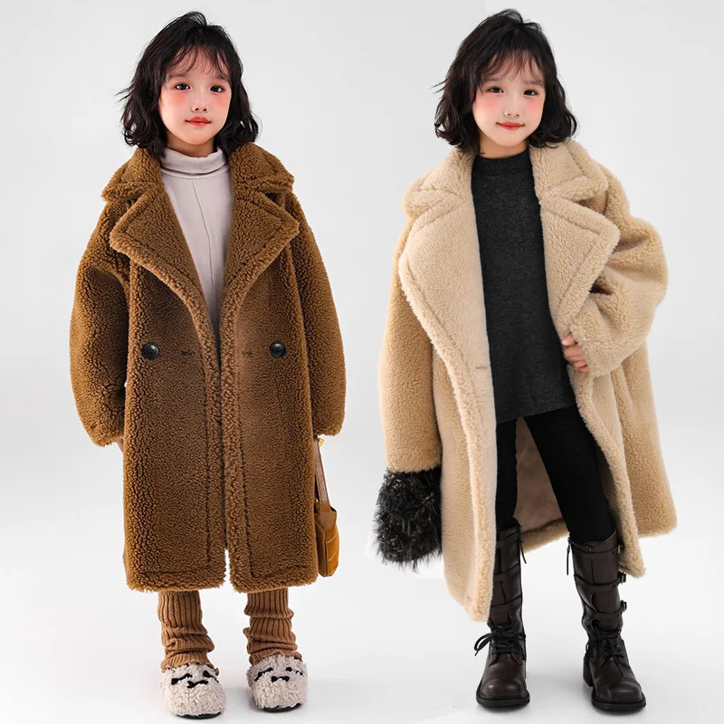 Winter Children Girls Trench Coat Fleece Warm Thicken Junior Girl Faux Fur Over Coat Turn Down Collar Integrated Midlength Coat 250829